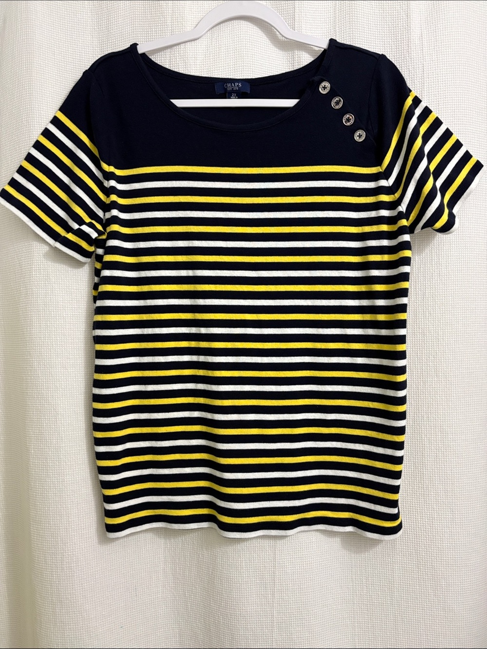 Chaps Navy, Yellow & White Striped Short Sleeve Top - Size 2X